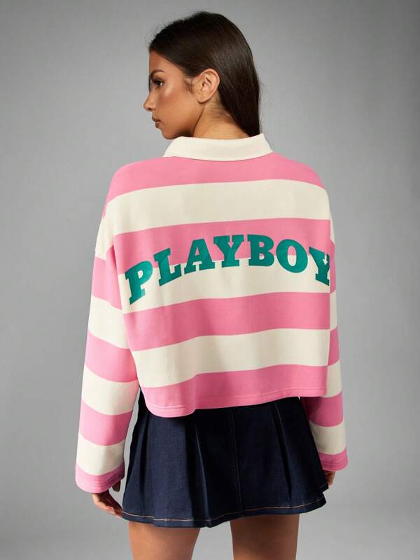Missguided Missguided X Playboy Striped Rugby Sweatshirt With Collared Neckline And Logo