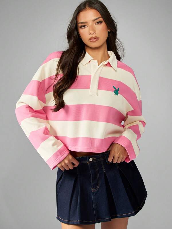 Missguided Missguided X Playboy Striped Rugby Sweatshirt With Collared Neckline And Logo