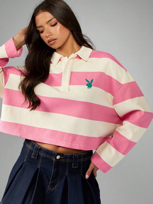 missguided Missguided x Playboy Striped Rugby Sweatshirt With Collared Neckline And Logo