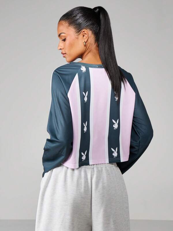 Missguided Missguided X Playboy Striped V-Neck Long Sleeve Crop Top
