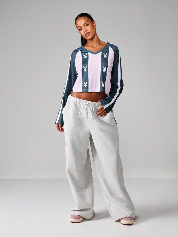 Missguided Missguided X Playboy Striped V-Neck Long Sleeve Crop Top