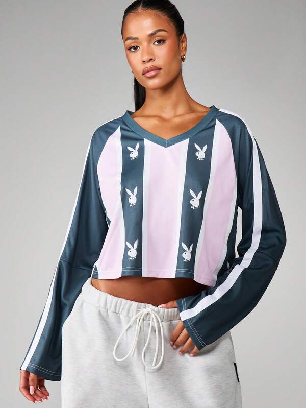 Missguided Missguided X Playboy Striped V-Neck Long Sleeve Crop Top