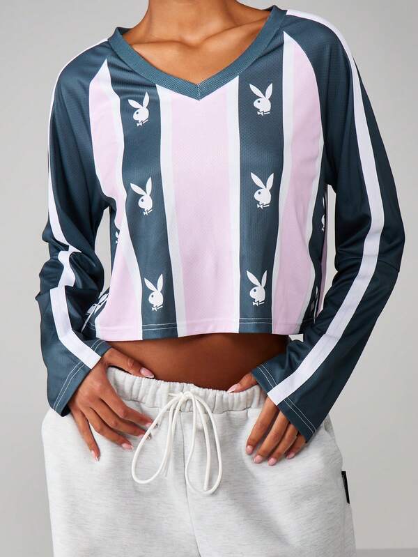 missguided Missguided x Playboy Striped V-Neck Long Sleeve Crop Top