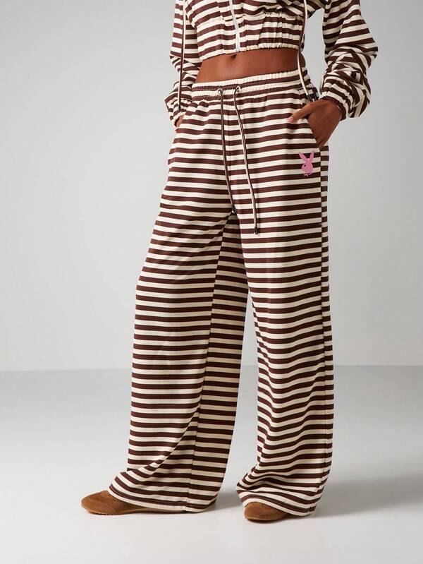 Missguided Missguided X Playboy Striped Wide Leg Joggers With Drawstring