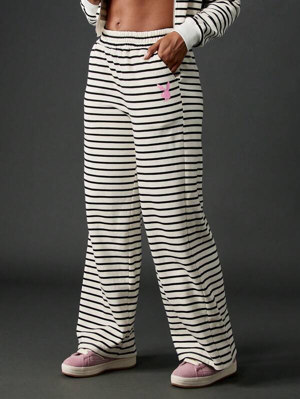 Missguided Missguided X Playboy Striped Wide Leg Joggers With Elastic Waistband