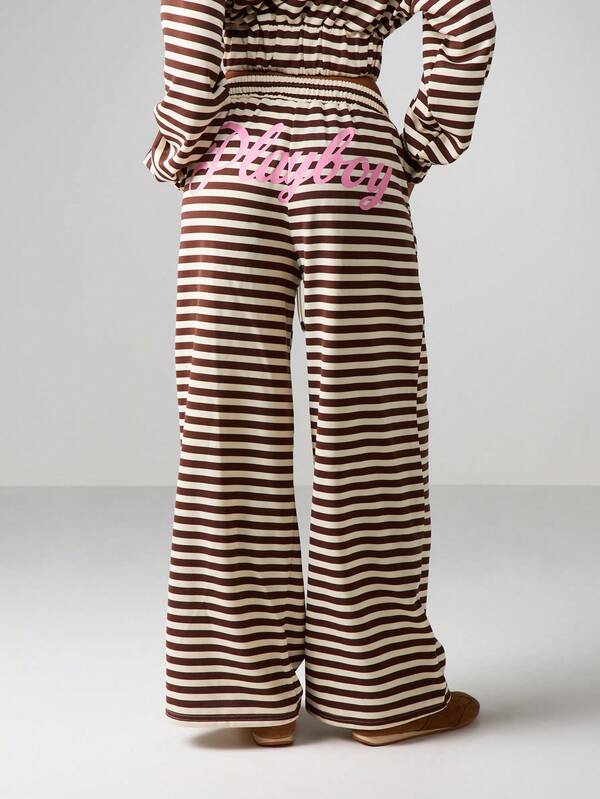 missguided Missguided x Playboy Striped Wide Leg Joggers With Drawstring