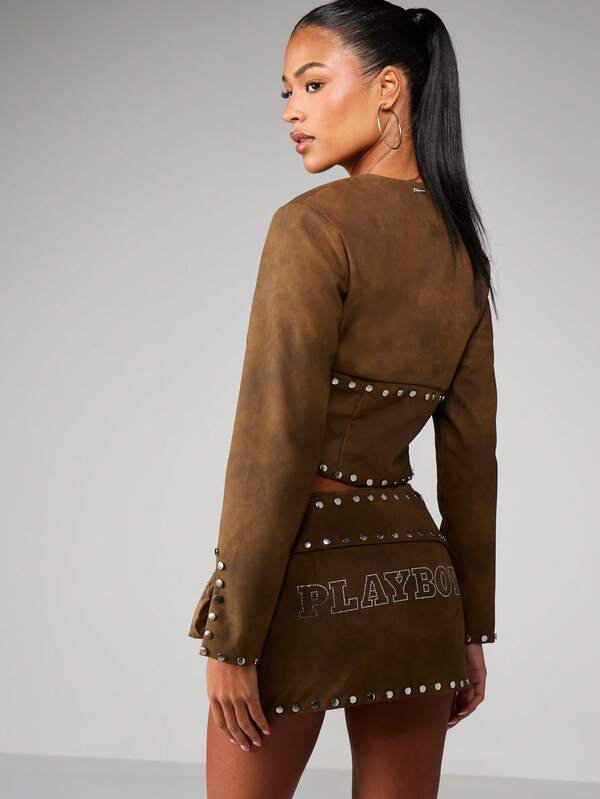 Missguided Missguided X Playboy Studded Suede Cropped Jacket With Belt