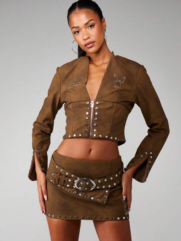 Missguided Missguided X Playboy Studded Suede Cropped Jacket With Belt