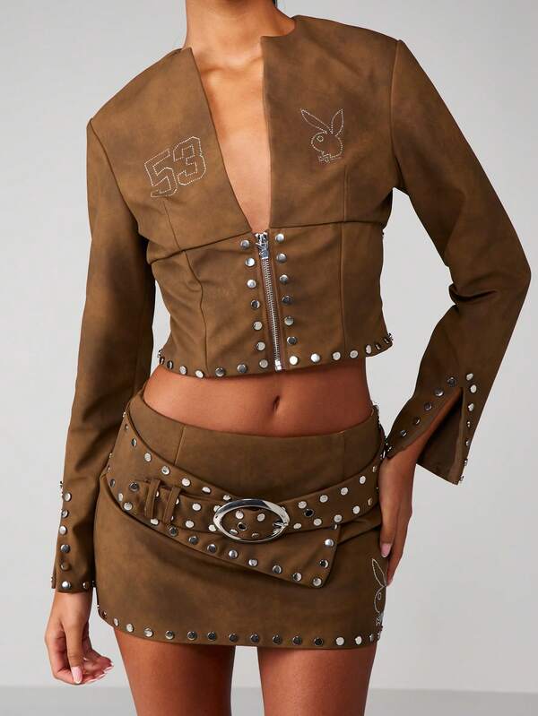 missguided Missguided x Playboy Studded Suede Cropped Jacket With Belt