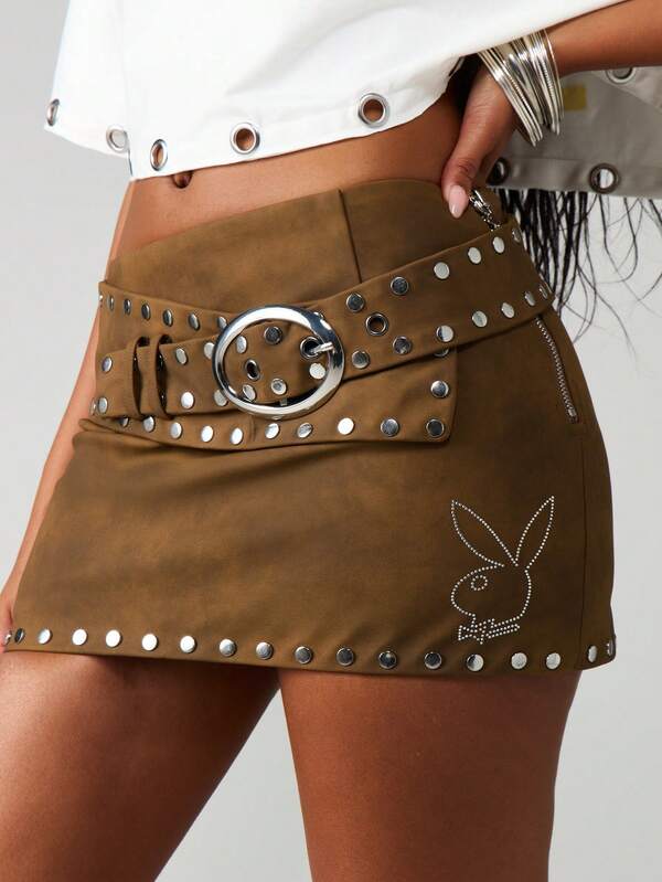 missguided Missguided x Playboy Studded Suede Mini Skirt With Belt