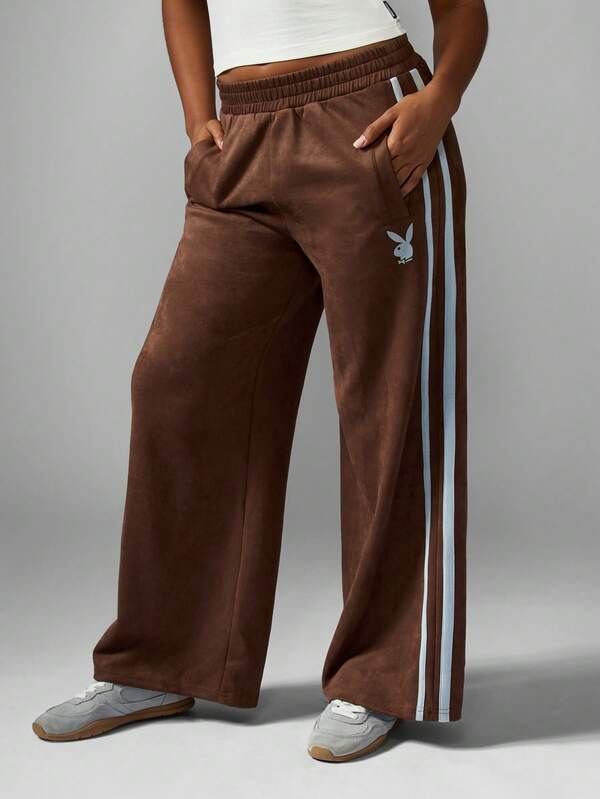 Missguided Missguided X Playboy Suede Wide Leg Sweatpants With Side Stripes