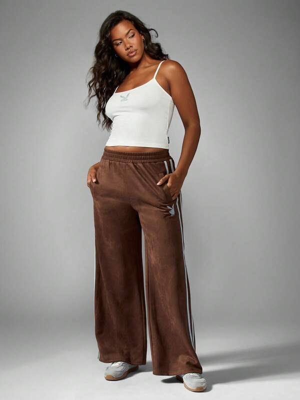 Missguided Missguided X Playboy Suede Wide Leg Sweatpants With Side Stripes