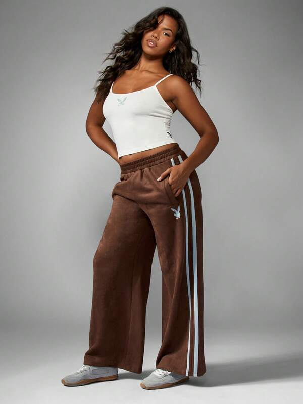 missguided Missguided x Playboy Suede Wide Leg Sweatpants With Side Stripes