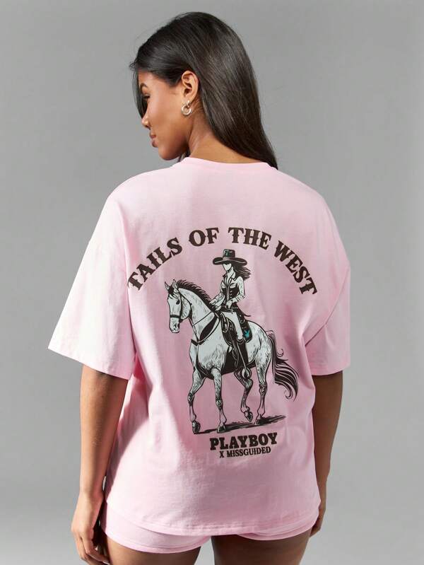 missguided Missguided x Playboy Tails Of The West Oversized Graphic Women's T-Shirt