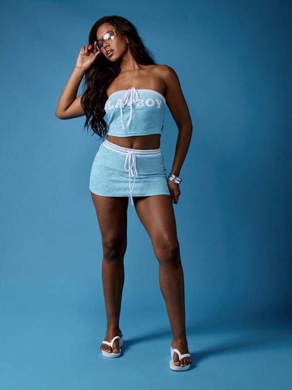 Missguided Missguided X Playboy Terry Co Ord Bandeau Crop Top And Skirt Two Piece Set