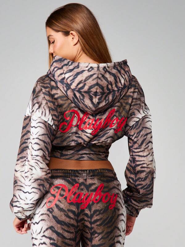 Missguided Missguided X Playboy Tiger Print Cropped Hoodie With Front Zip And Drawstring