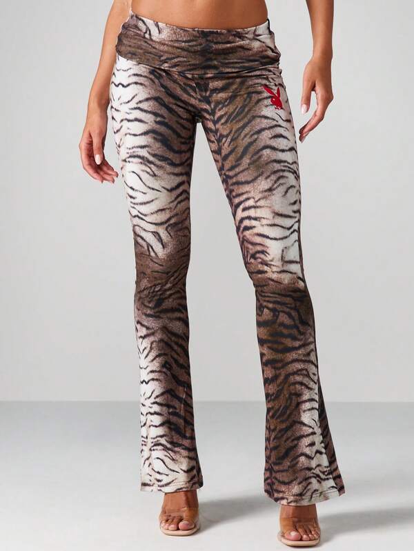 Missguided Missguided X Playboy Tiger Print Flared Pants With Fold Over Waistband