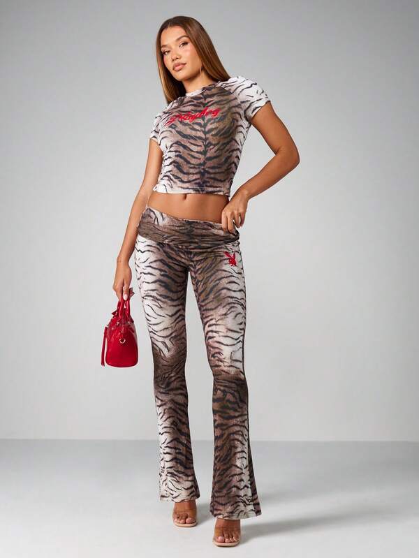 Missguided Missguided X Playboy Tiger Print Flared Pants With Fold Over Waistband