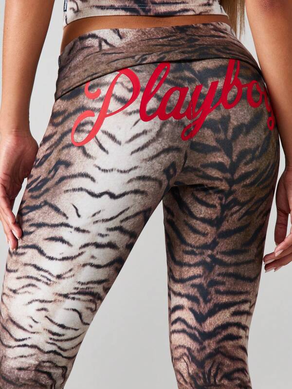 Missguided Missguided X Playboy Tiger Print Flared Pants With Fold Over Waistband