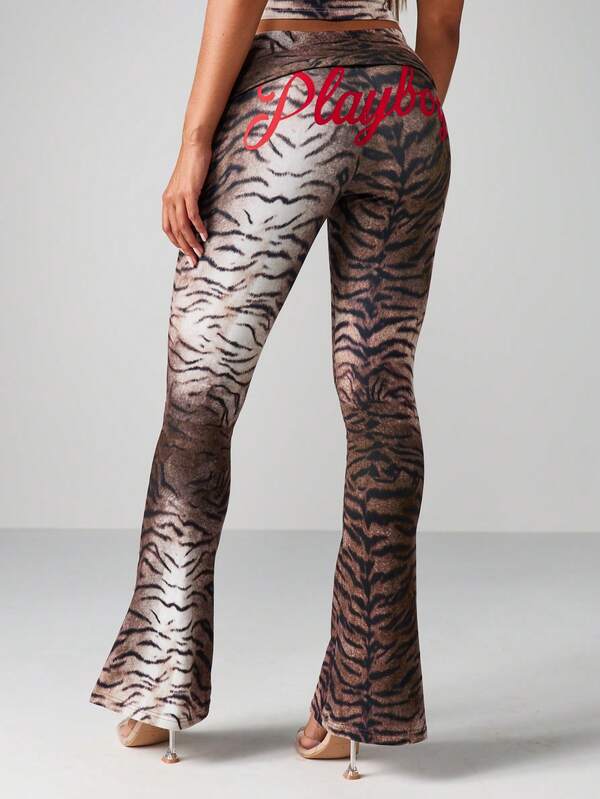 missguided Missguided x Playboy Tiger Print Flared Pants With Fold Over Waistband