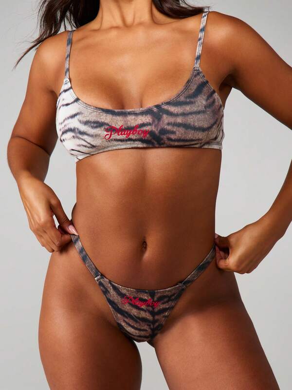 Missguided Missguided X Playboy Tiger Print Scoop Neck Bralette And Thong Set