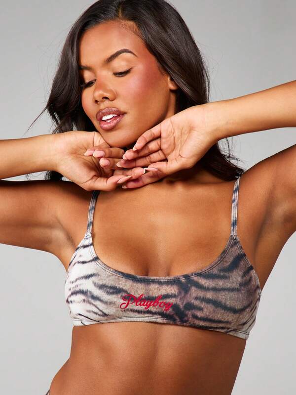 Missguided Missguided X Playboy Tiger Print Scoop Neck Bralette And Thong Set