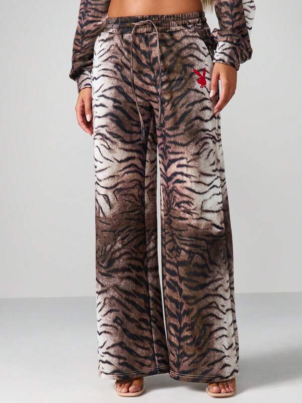 Missguided Missguided X Playboy Tiger Print Wide Leg Pants With Drawstring Waist