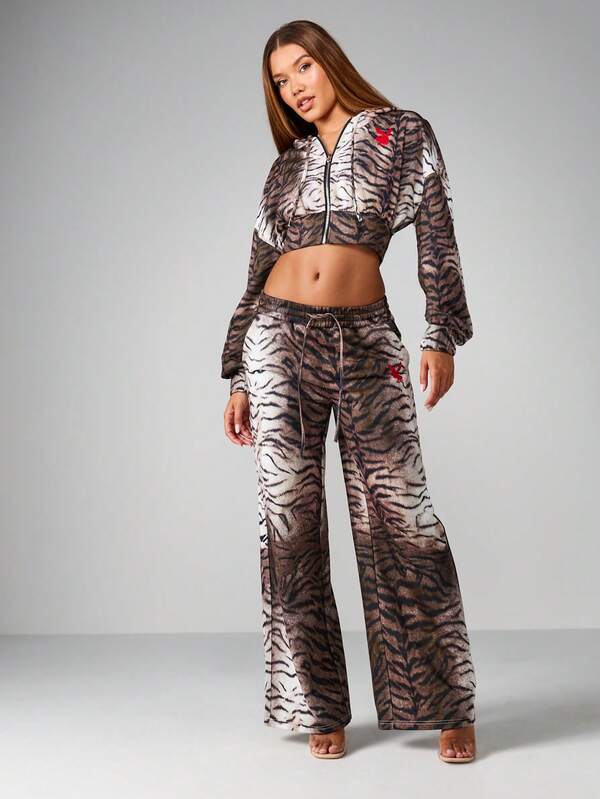 Missguided Missguided X Playboy Tiger Print Wide Leg Pants With Drawstring Waist