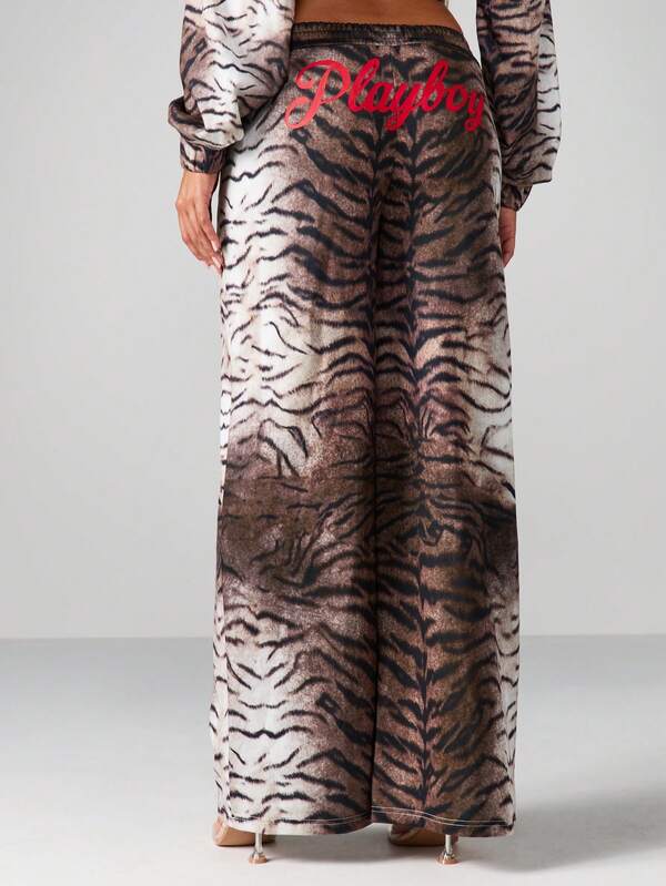 missguided Missguided x Playboy Tiger Print Wide Leg Pants With Drawstring Waist