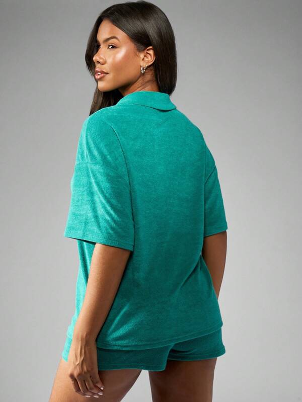 Missguided Missguided X Playboy Toweling Terry Cloth Polo Shirt Casual Comfort Everyday Essential