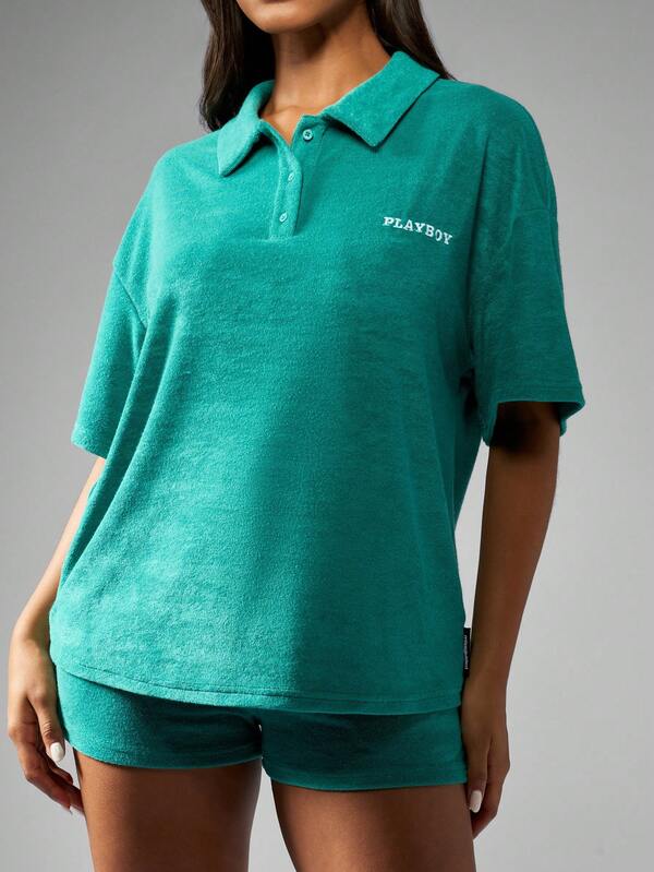 Missguided Missguided X Playboy Toweling Terry Cloth Polo Shirt Casual Comfort Everyday Essential