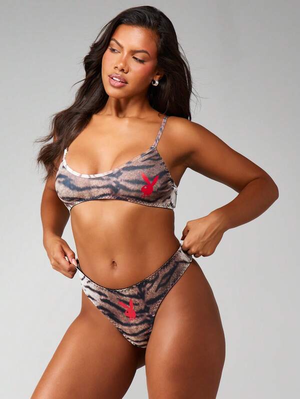 missguided Missguided x Playboy Triangle Bralette And Thong With Tiger Print
