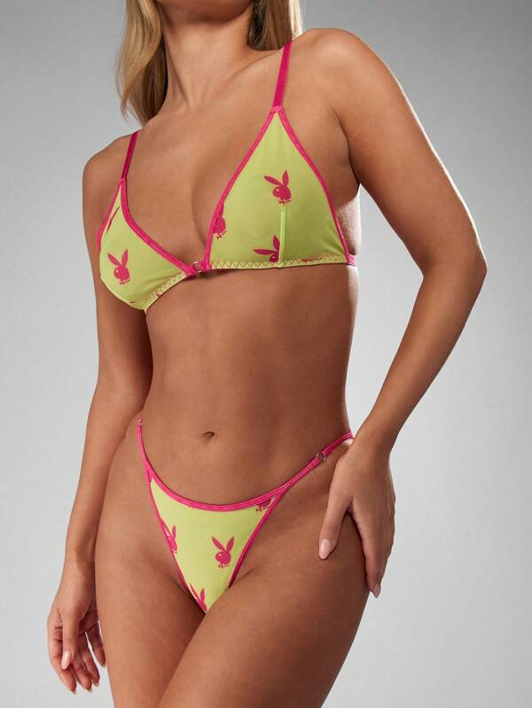 missguided Missguided x Playboy Triangle Bralette With Bunny Print And Trim