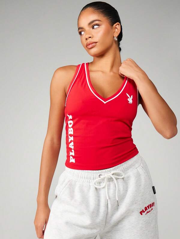 missguided Missguided x Playboy V Neck Racerback Tank With White Piping