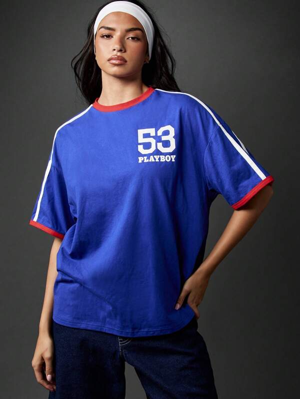 Missguided Missguided X Playboy Varsity Athletic Union Jack Flag London Collection Short Sleeve Relaxed Fit Women T-Shirt