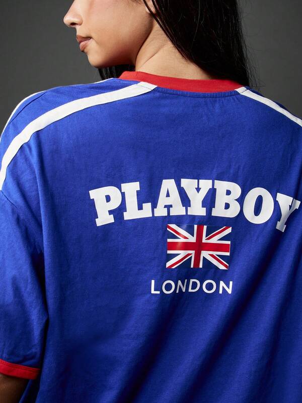 Missguided Missguided X Playboy Varsity Athletic Union Jack Flag London Collection Short Sleeve Relaxed Fit Women T-Shirt