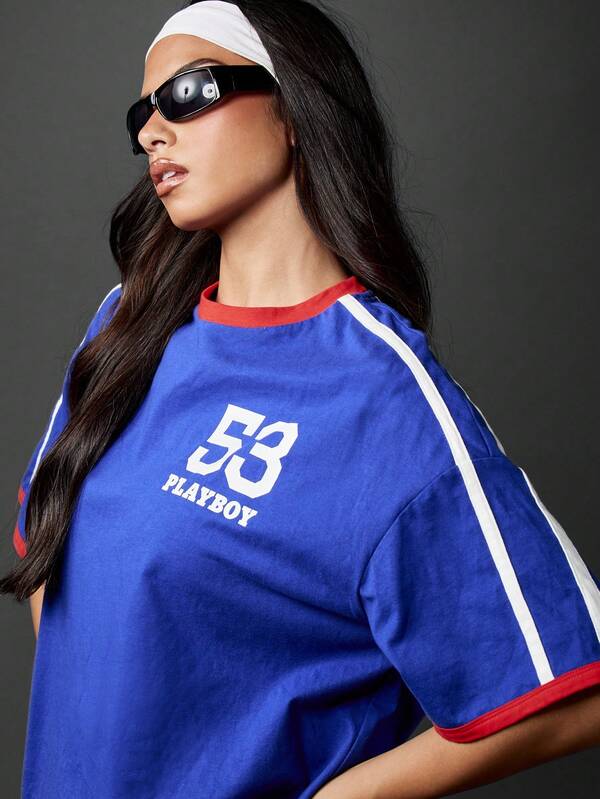Missguided Missguided X Playboy Varsity Athletic Union Jack Flag London Collection Short Sleeve Relaxed Fit Women T-Shirt