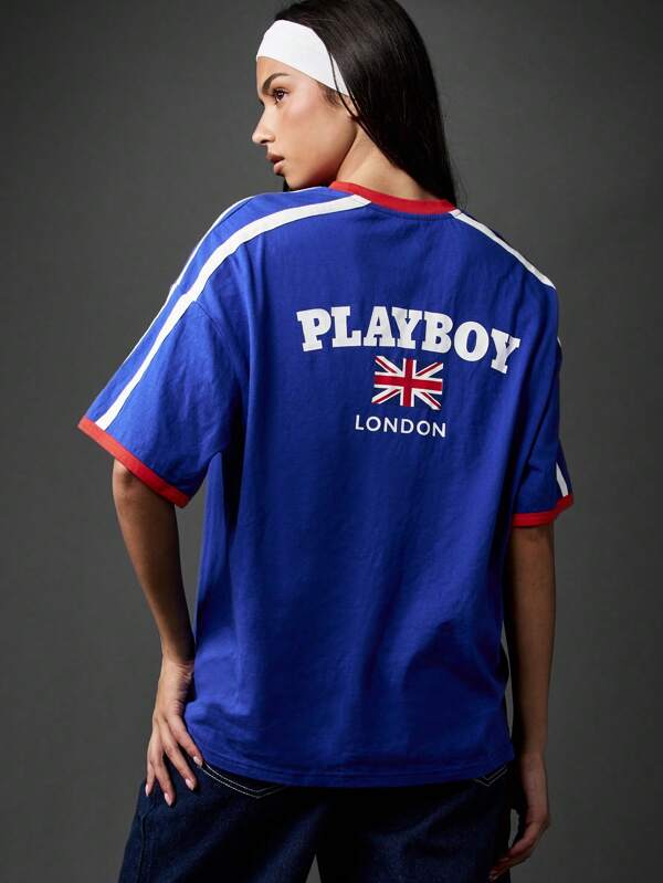 missguided Missguided x Playboy Varsity Athletic Union Jack Flag London Collection Short Sleeve Relaxed Fit Women T-Shirt