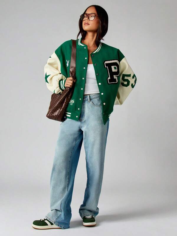 Missguided Missguided X Playboy Varsity Bomber Jacket With Contrasting Sleeves And Ribbed Trim