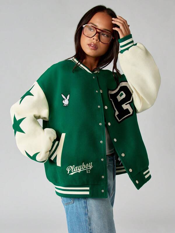 missguided Missguided x Playboy Varsity Bomber Jacket With Contrasting Sleeves And Ribbed Trim