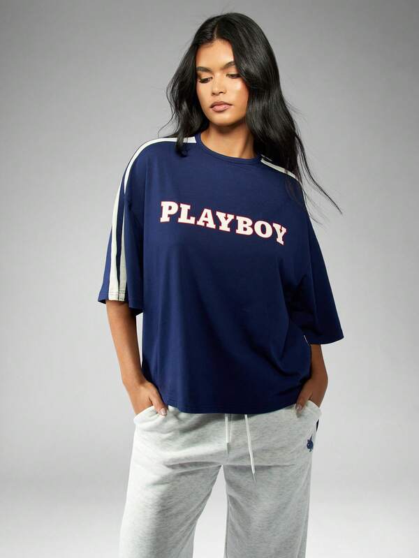 Missguided Missguided X Playboy Varsity Branded Logo Oversized T-Shirt