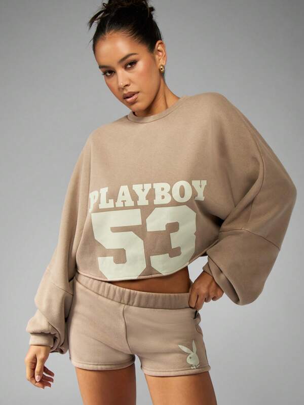 missguided Missguided x Playboy Varsity Crop Sweatshirt With Oversized Sleeves