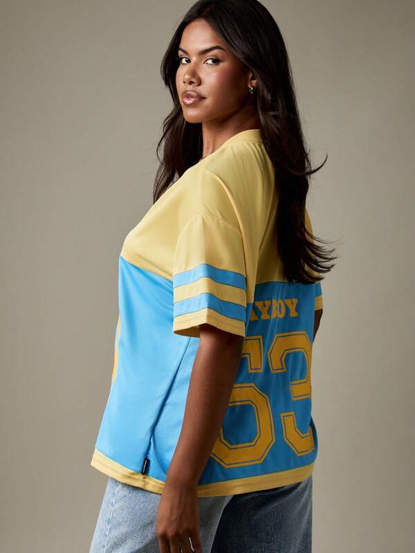 Missguided Missguided X Playboy Varsity Football Jersey V Neck T Shirt With Team Number
