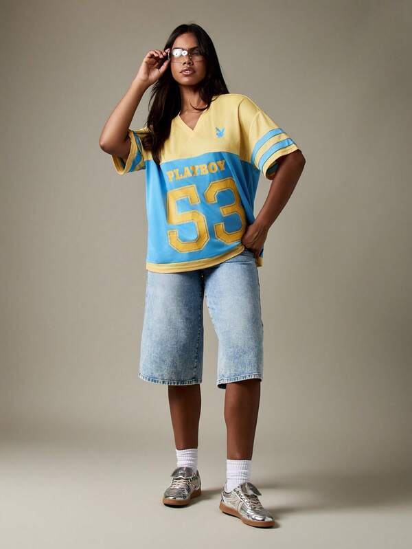 Missguided Missguided X Playboy Varsity Football Jersey V Neck T Shirt With Team Number
