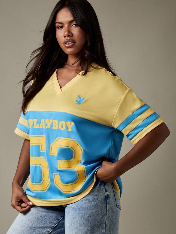 Missguided Missguided X Playboy Varsity Football Jersey V Neck T Shirt With Team Number