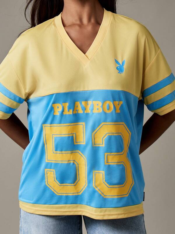 missguided Missguided x Playboy Varsity Football Jersey V Neck T Shirt With Team Number