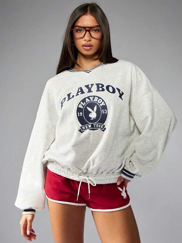 missguided Missguided x Playboy Varsity Graphic Crew Neck Sweatshirt With Elastic Hem