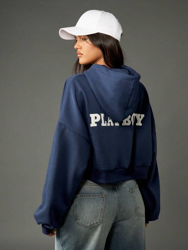 Missguided Missguided X Playboy Varsity Letter Zip Up Cropped Hoodie With Applique