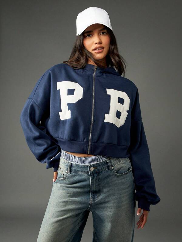Missguided Missguided X Playboy Varsity Letter Zip Up Cropped Hoodie With Applique
