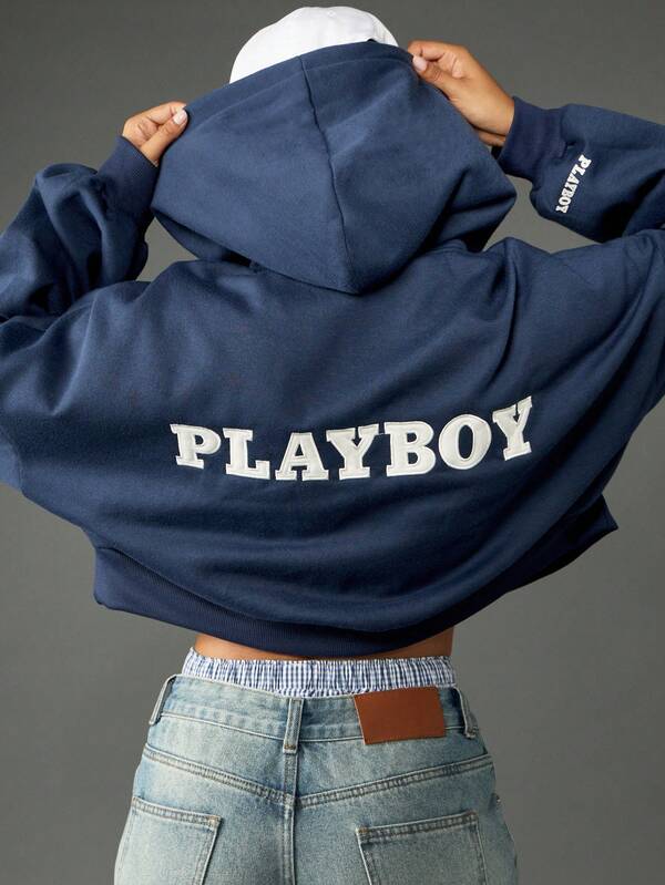 missguided Missguided x Playboy Varsity Letter Zip Up Cropped Hoodie With Applique